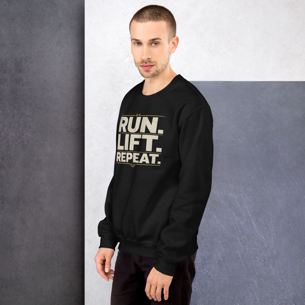 Run Lift Repeat vintage athletic crewneck sweatshirt — Black, on model