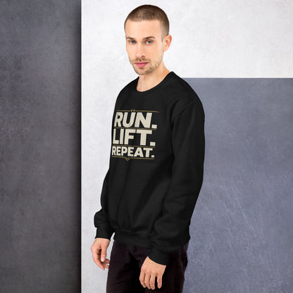 Run Lift Repeat vintage athletic crewneck sweatshirt — Black, on model