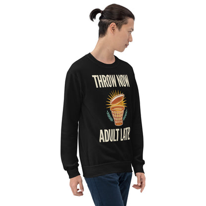 Throw Now Adult Later disc golf retro crewneck sweatshirt — Black, on model