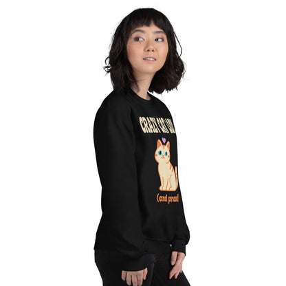 Crazy Cat Lady and Proud retro Y2K crewneck sweatshirt — Black, on model