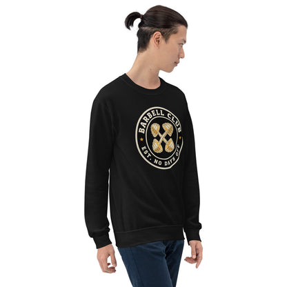 Barbell Club No Days Off vintage gym crewneck sweatshirt — Black, on model