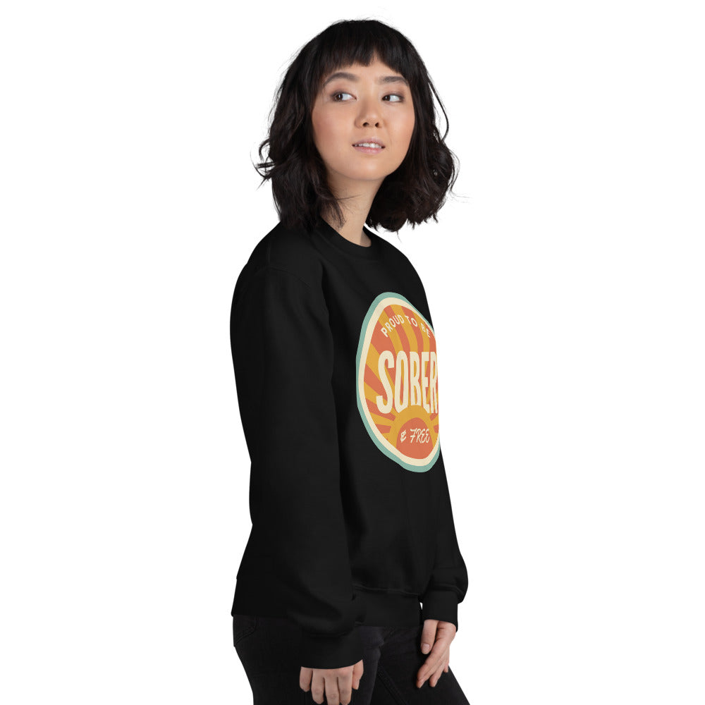 Sober & Proud retro sunburst crewneck sweatshirt — Black, on model
