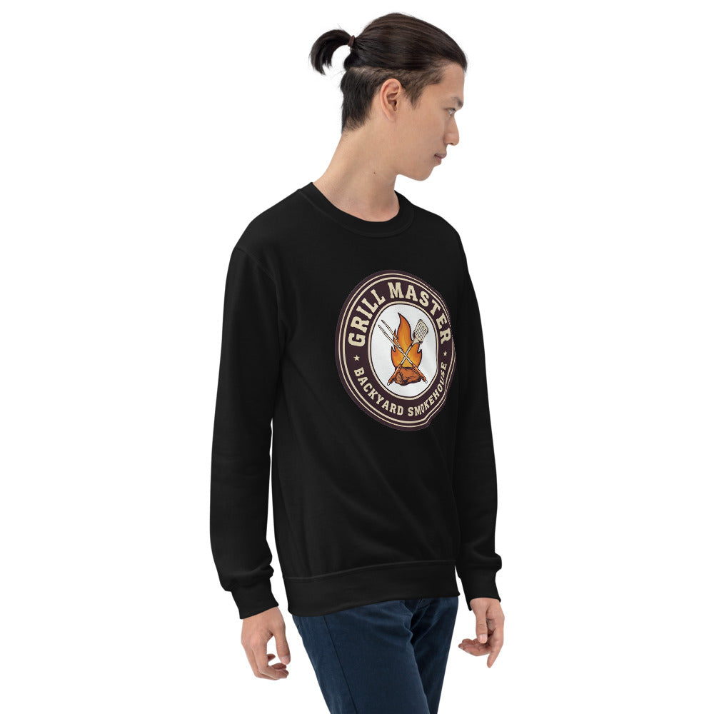 Grill Master retro backyard smokehouse crewneck sweatshirt — Black, on model