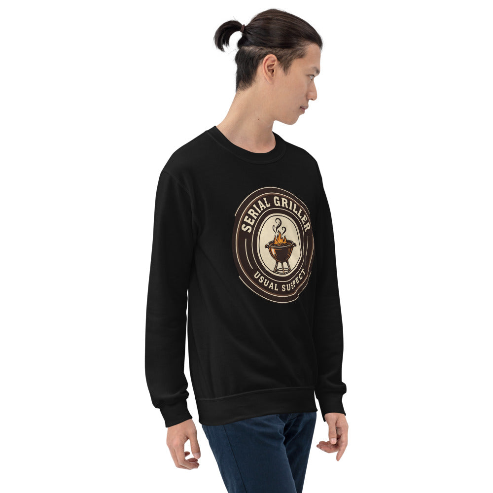 Serial Griller funny BBQ crewneck sweatshirt — Black, on model