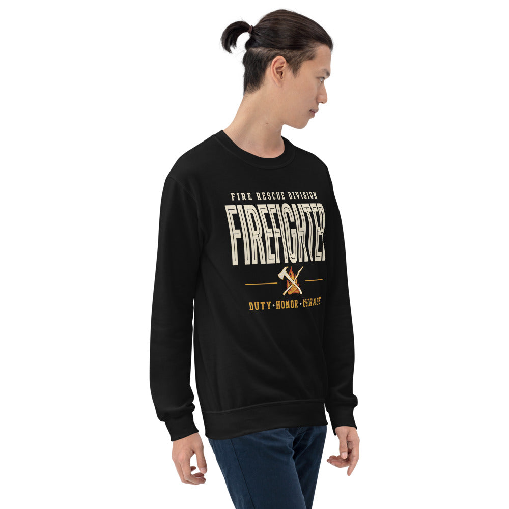 Firefighter collegiate wordmark retro fire-rescue crewneck sweatshirt — Black, on model