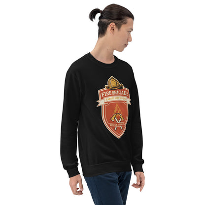 Fire Brigade Earned Not Given retro firefighter shield emblem crewneck sweatshirt — Black, on model