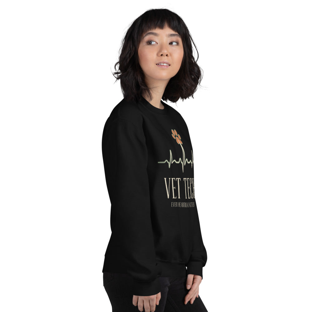 Every Heartbeat Matters minimalist vet tech crewneck sweatshirt — Black, on model