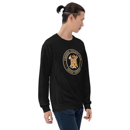 Firehouse Athletic Club retro firefighter emblem crewneck sweatshirt — Black, on model