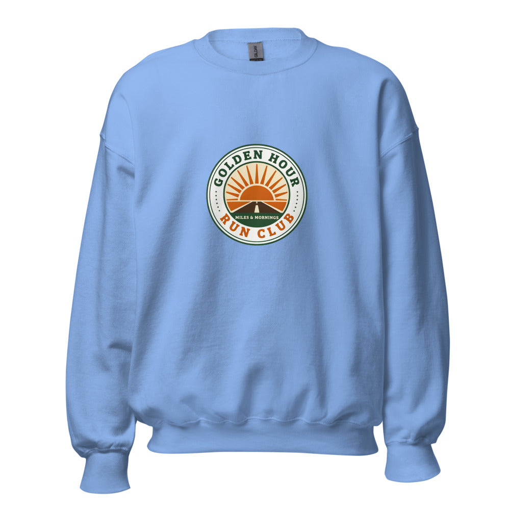 Golden Hour Run Club retro running crewneck sweatshirt — Carolina Blue, front