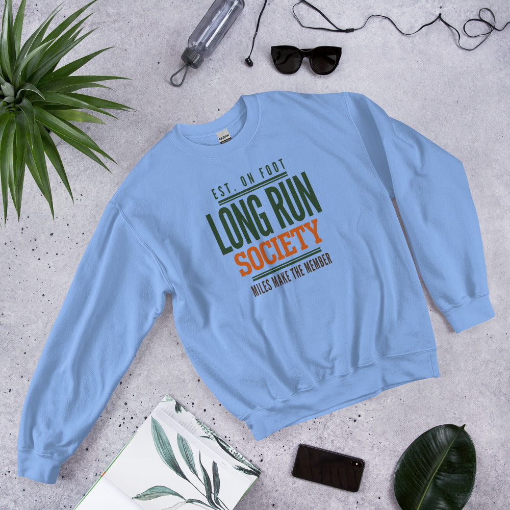 Long Run Society retro running crewneck sweatshirt — Carolina Blue, front-right