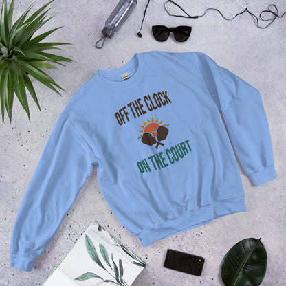 Off The Clock On The Court retro pickleball crewneck sweatshirt — Carolina Blue, side