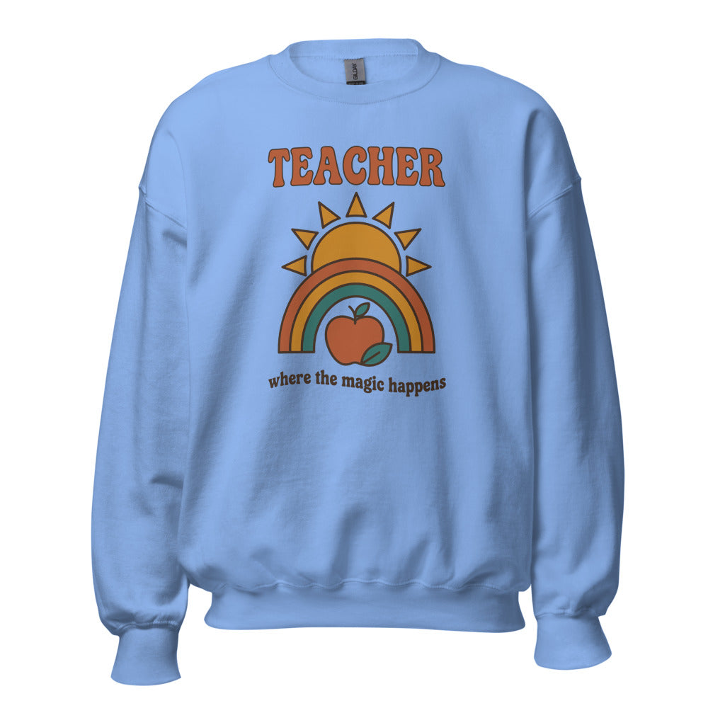 Teacher Where The Magic Happens retro groovy teacher crewneck sweatshirt — Carolina Blue, front
