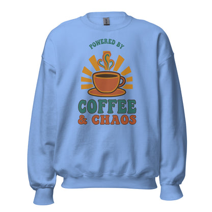 Powered By Coffee And Chaos retro groovy teacher crewneck sweatshirt — Carolina Blue, front