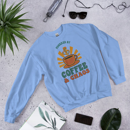 Powered By Coffee And Chaos retro groovy teacher crewneck sweatshirt — Carolina Blue, front view
