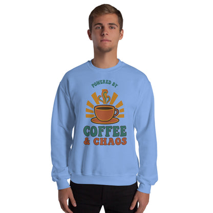 Model wearing Powered By Coffee And Chaos retro groovy teacher crewneck sweatshirt — Carolina Blue