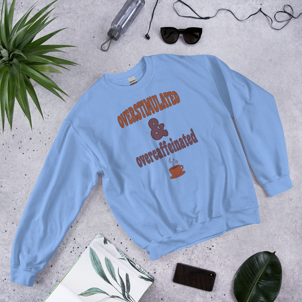 Overstimulated & Overcaffeinated soft retro coffee mental health crewneck sweatshirt — Carolina Blue, front-right