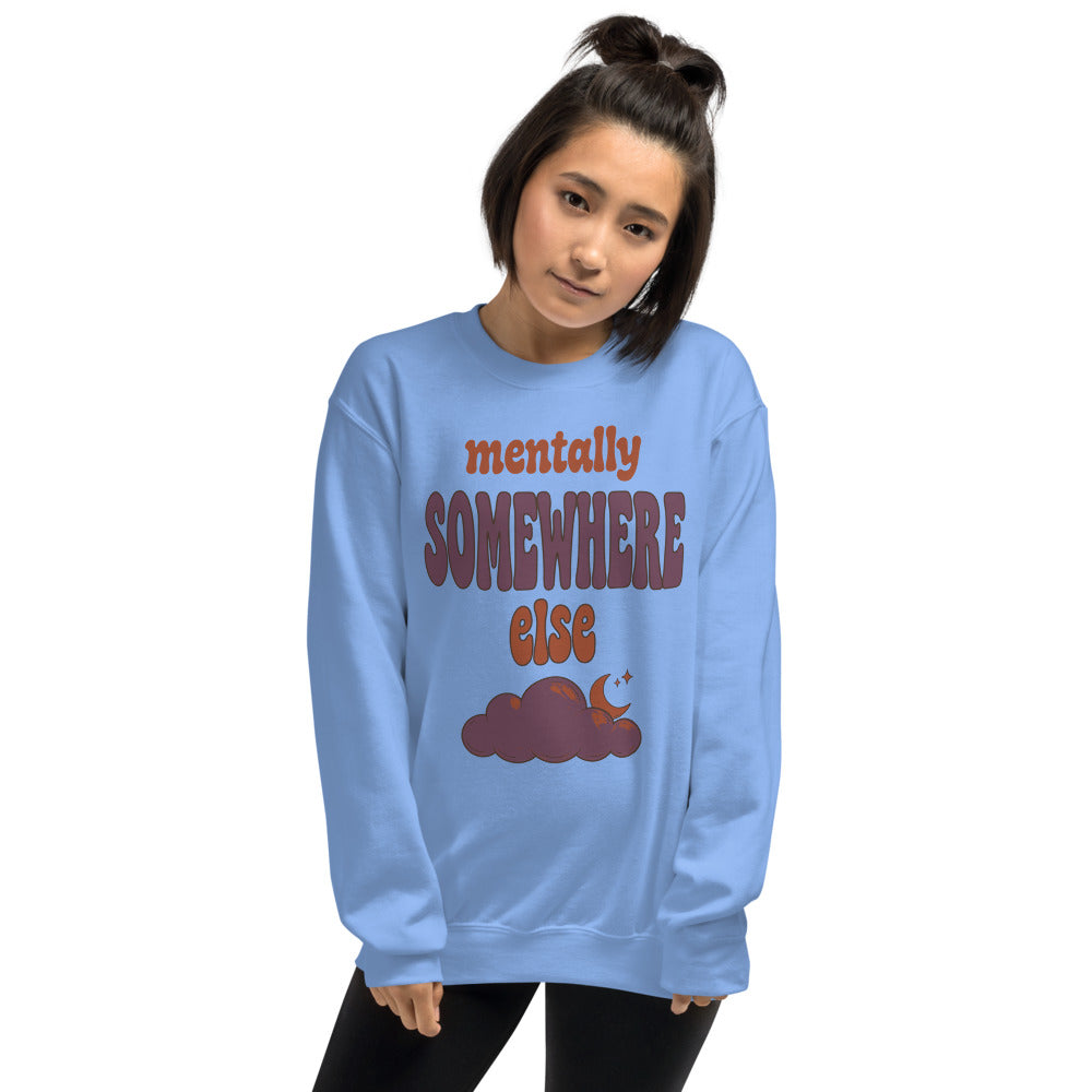 Mentally Somewhere Else soft retro daydream mental health crewneck sweatshirt — Carolina Blue, on model
