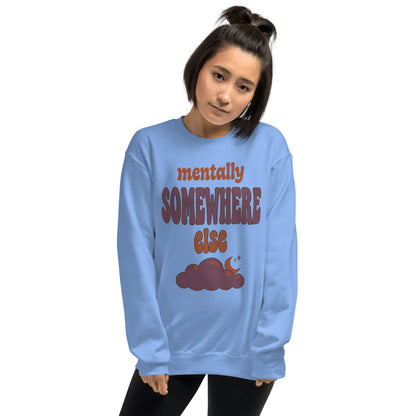 Mentally Somewhere Else soft retro daydream mental health crewneck sweatshirt — Carolina Blue, on model