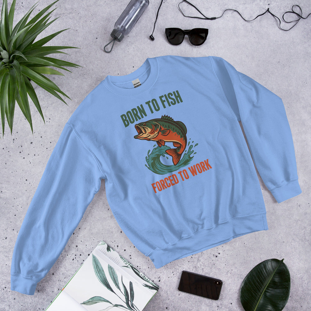 Born to Fish Forced to Work retro fishing humor crewneck sweatshirt — Carolina Blue, front-right