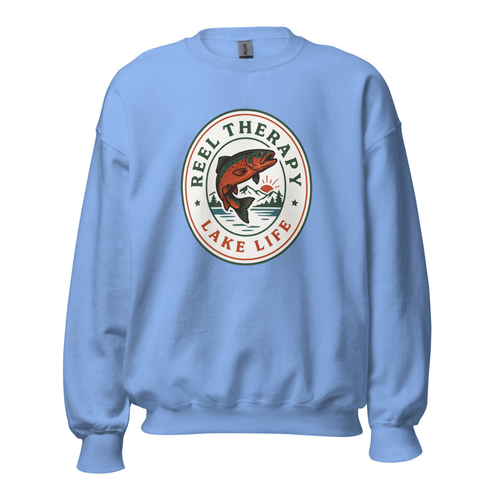 Reel Therapy retro national-park trout badge fishing crewneck sweatshirt — Carolina Blue, front