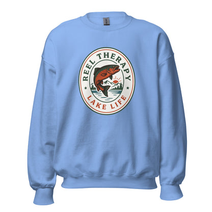 Reel Therapy retro national-park trout badge fishing crewneck sweatshirt — Carolina Blue, front