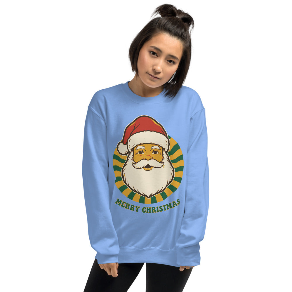 Groovy Santa retro Christmas crewneck sweatshirt — Carolina Blue, on model