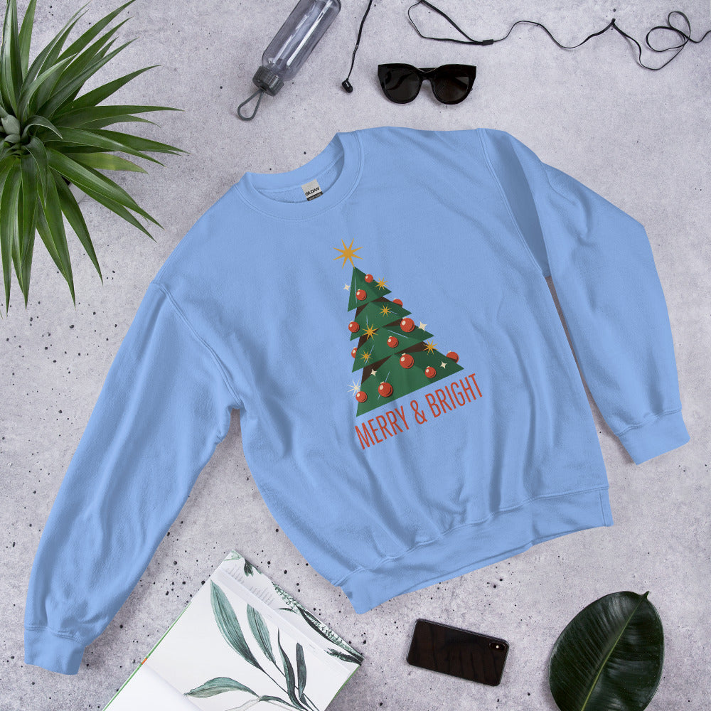 Atomic mid-century retro Christmas tree crewneck sweatshirt — Carolina Blue, front-right