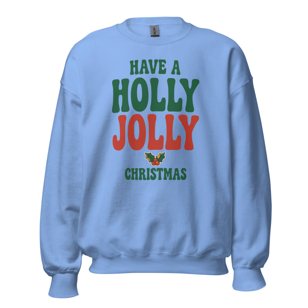 Groovy Holly Jolly retro Christmas crewneck sweatshirt — Carolina Blue, front