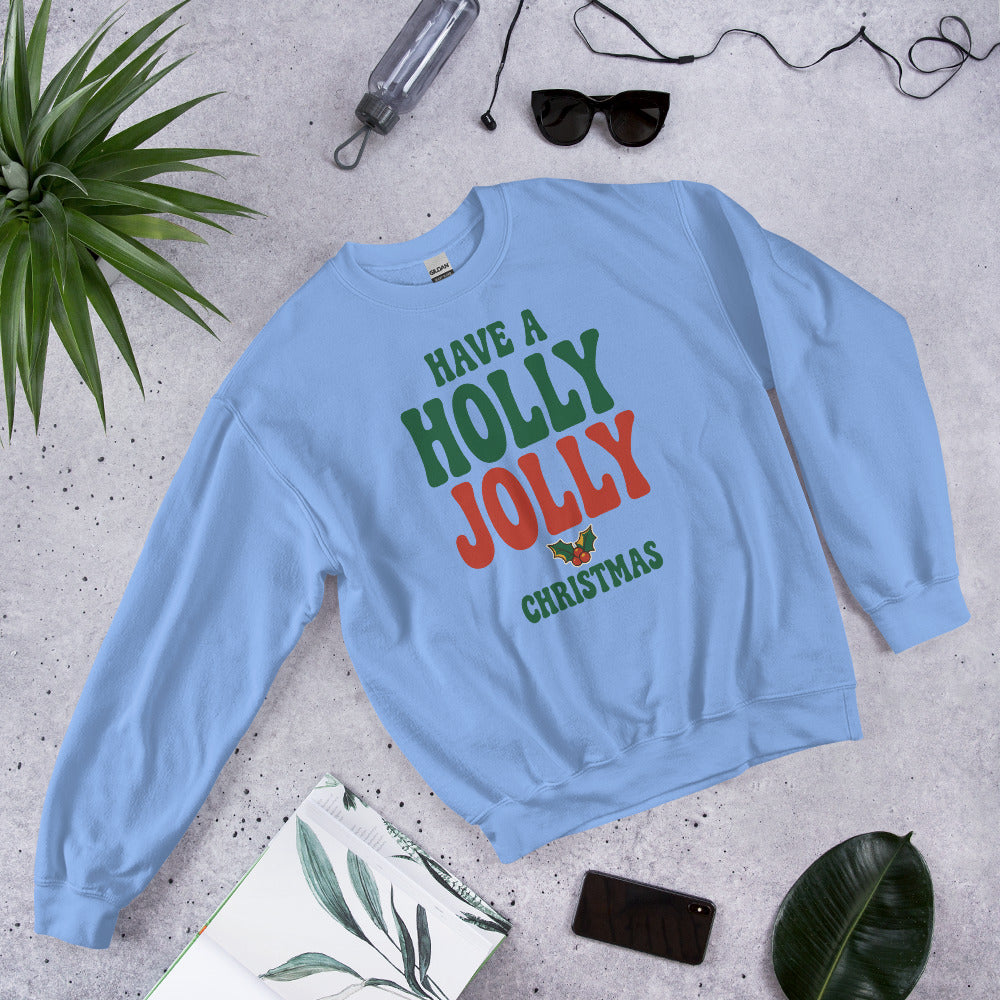 Groovy Holly Jolly retro Christmas crewneck sweatshirt — Carolina Blue, front-right
