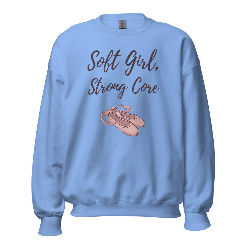 Soft Girl Strong Core ballet coquette pilates sweatshirt — Carolina Blue, front