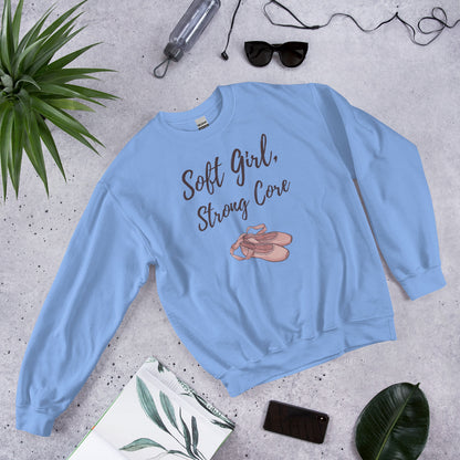 Soft Girl Strong Core ballet coquette pilates sweatshirt — Carolina Blue, front-right