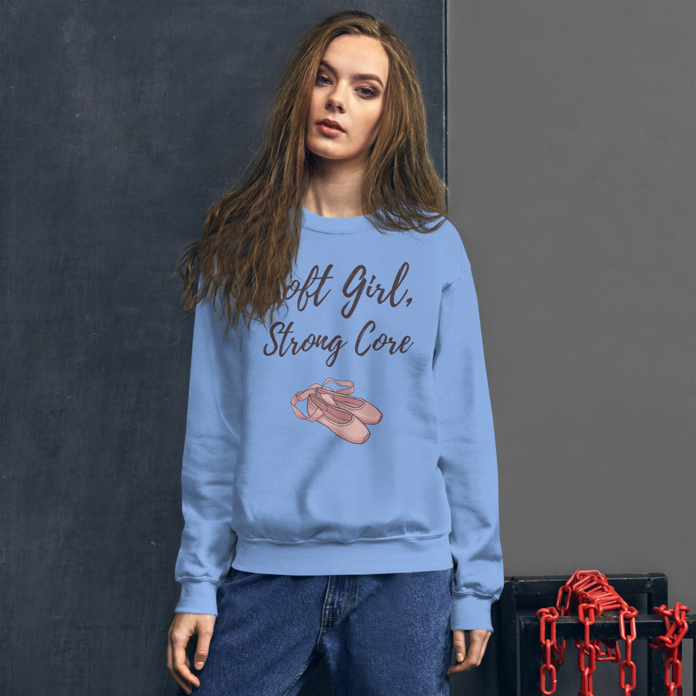 Soft Girl Strong Core ballet coquette pilates sweatshirt — Carolina Blue, on model