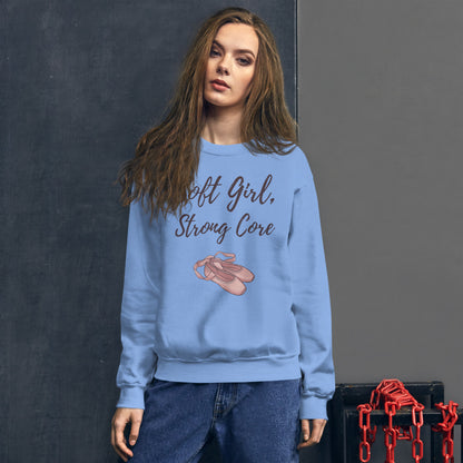Soft Girl Strong Core ballet coquette pilates sweatshirt — Carolina Blue, on model