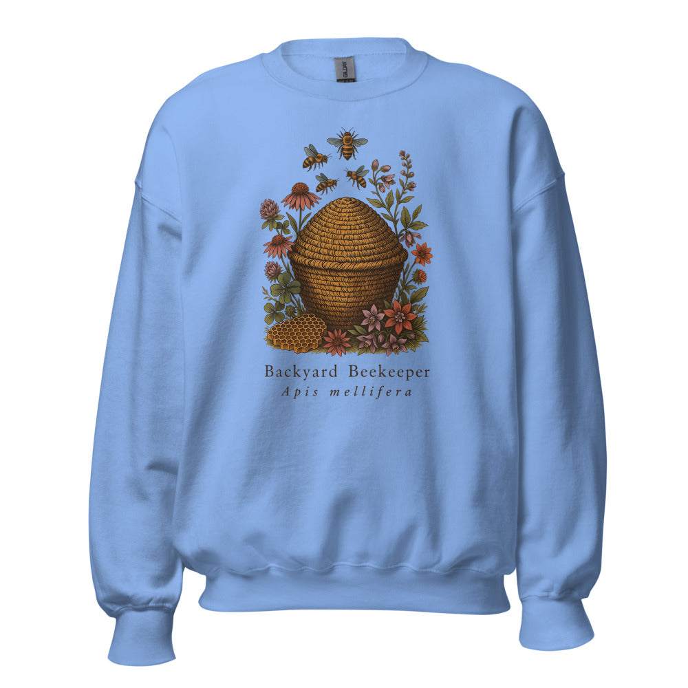 Backyard Beekeeper field-guide bee crewneck sweatshirt — Carolina Blue, front