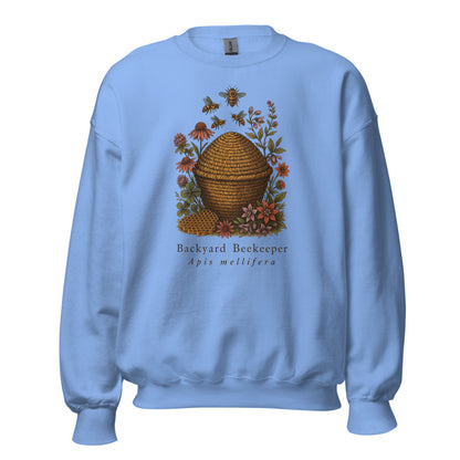 Backyard Beekeeper field-guide bee crewneck sweatshirt — Carolina Blue, front