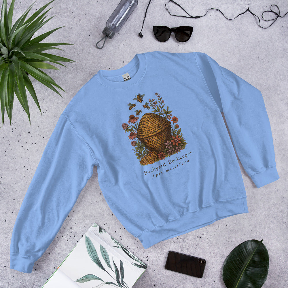 Backyard Beekeeper field-guide bee crewneck sweatshirt — Carolina Blue, front-right