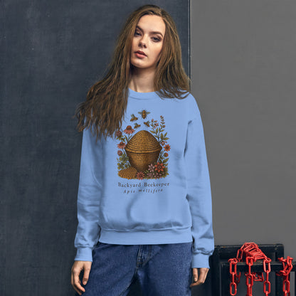 Backyard Beekeeper field-guide bee crewneck sweatshirt — Carolina Blue, on model