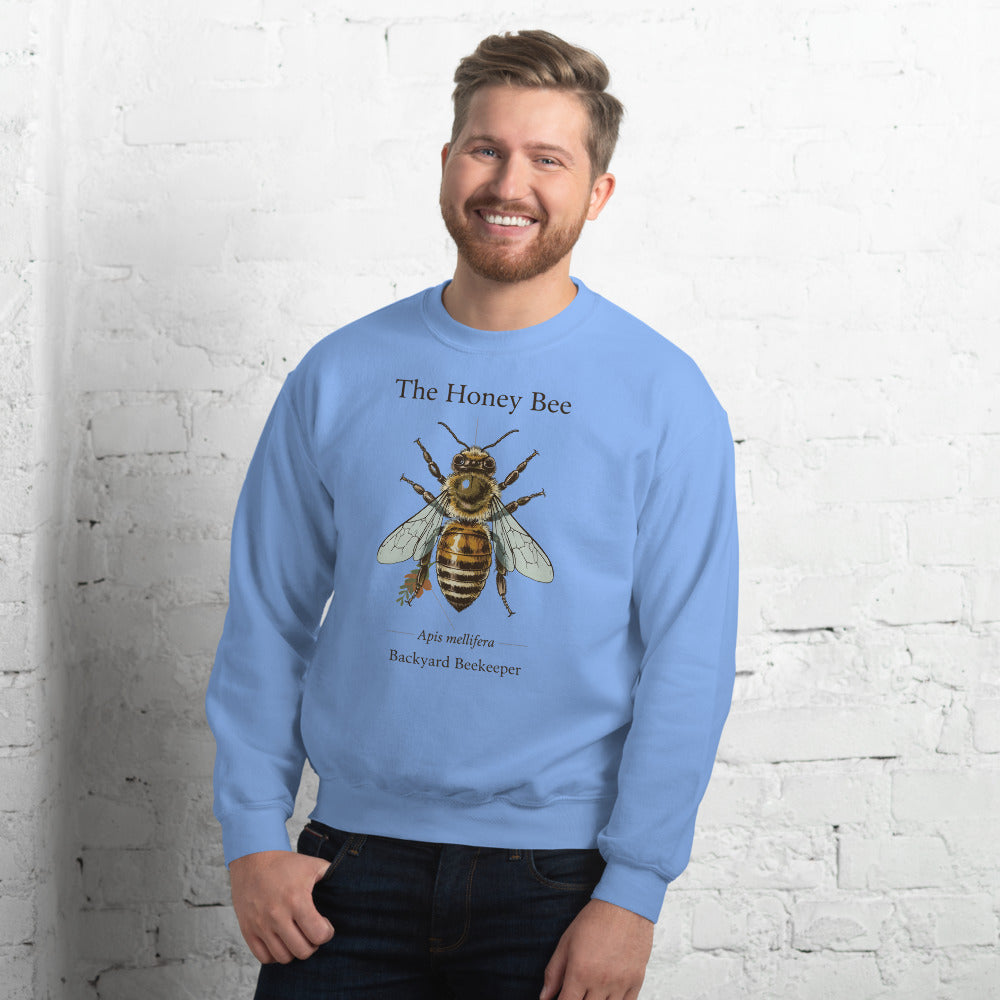 The Honey Bee Apis mellifera anatomical crewneck sweatshirt — Carolina Blue, on model