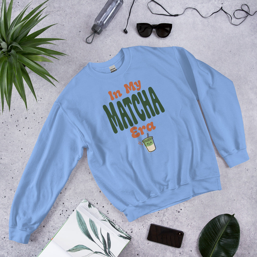 In My Matcha Era retro matcha crewneck sweatshirt — Carolina Blue, front-right