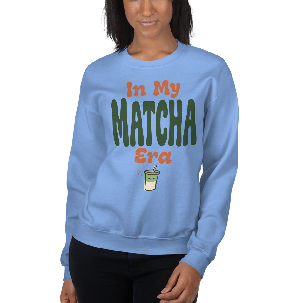 In My Matcha Era retro matcha crewneck sweatshirt — Carolina Blue, on model