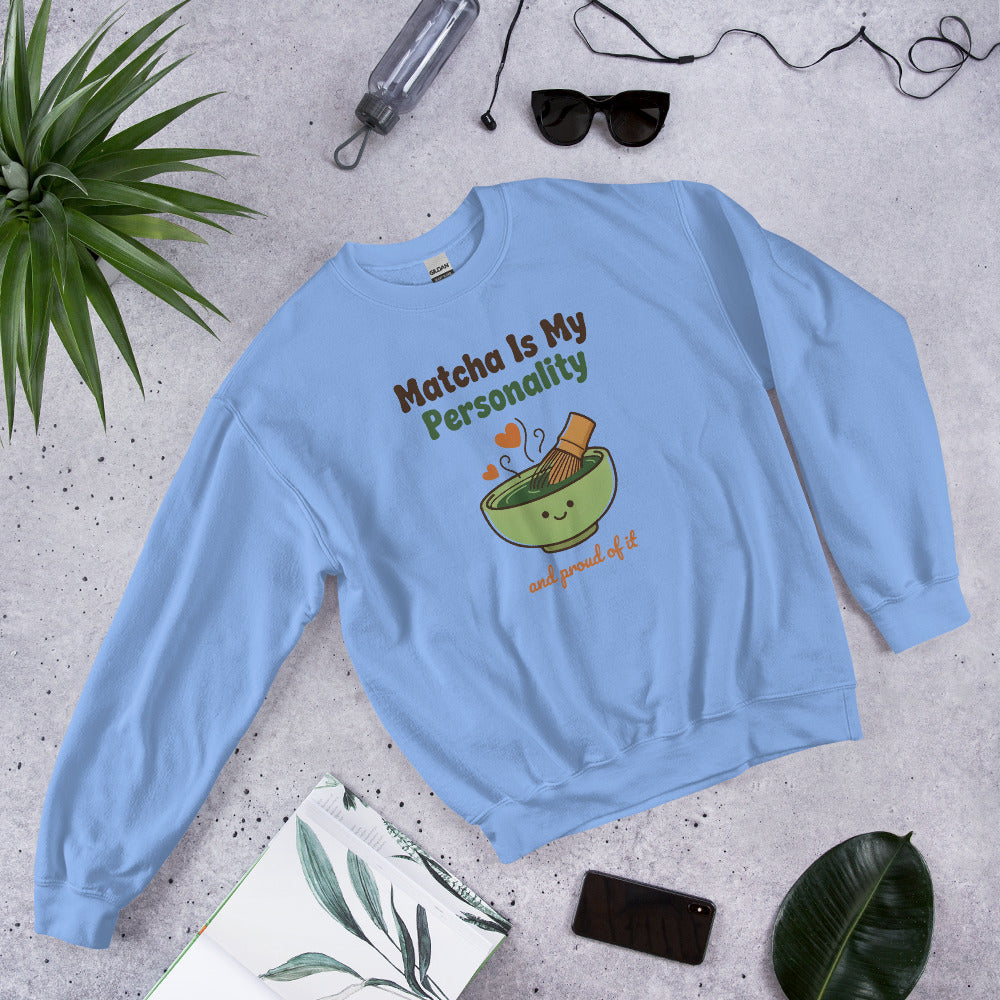 Matcha Is My Personality retro matcha crewneck sweatshirt — Carolina Blue, front-right