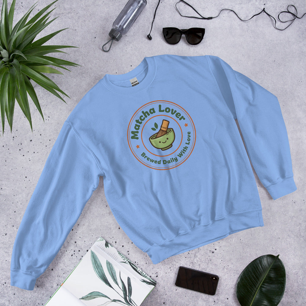 Matcha Lover retro café badge crewneck sweatshirt — Carolina Blue, front-right