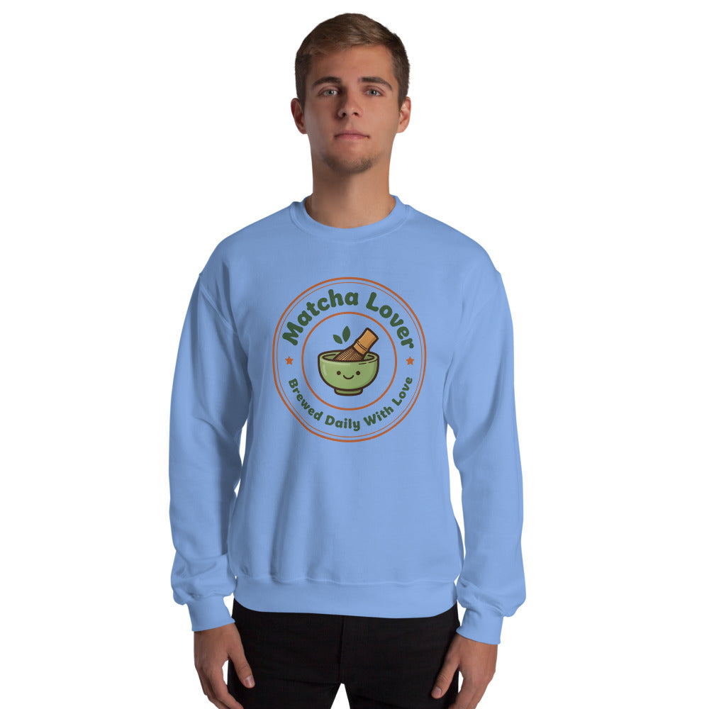 Matcha Lover retro café badge crewneck sweatshirt — Carolina Blue, on model