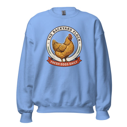 Backyard Flock heritage chicken keeper crewneck sweatshirt — Carolina Blue, front