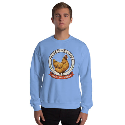 Backyard Flock heritage chicken keeper crewneck sweatshirt — Carolina Blue, on model