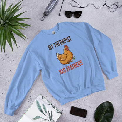 My Therapist Has Feathers funny chicken keeper crewneck sweatshirt — Carolina Blue, front-right