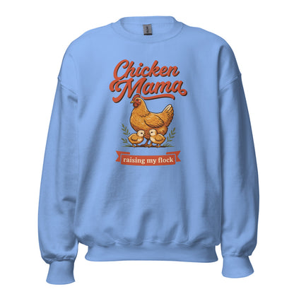 Chicken Mama raising my flock chicken keeper crewneck sweatshirt — Carolina Blue, front