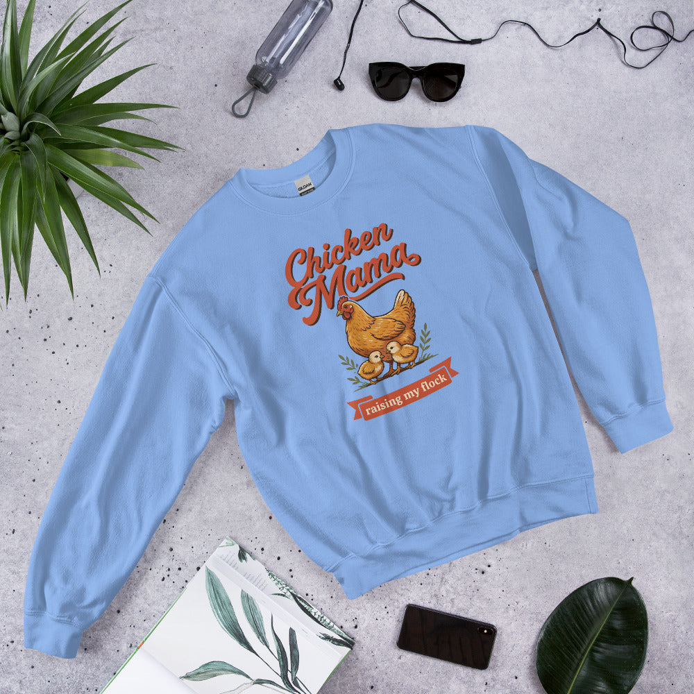 Chicken Mama raising my flock chicken keeper crewneck sweatshirt — Carolina Blue, front-right