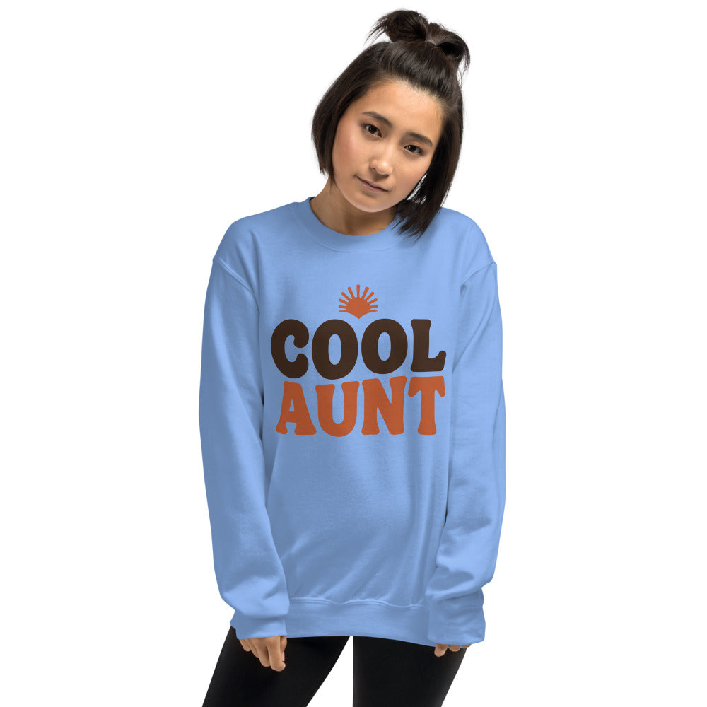 Cool Aunt retro groovy aunt crewneck sweatshirt — Carolina Blue, on model