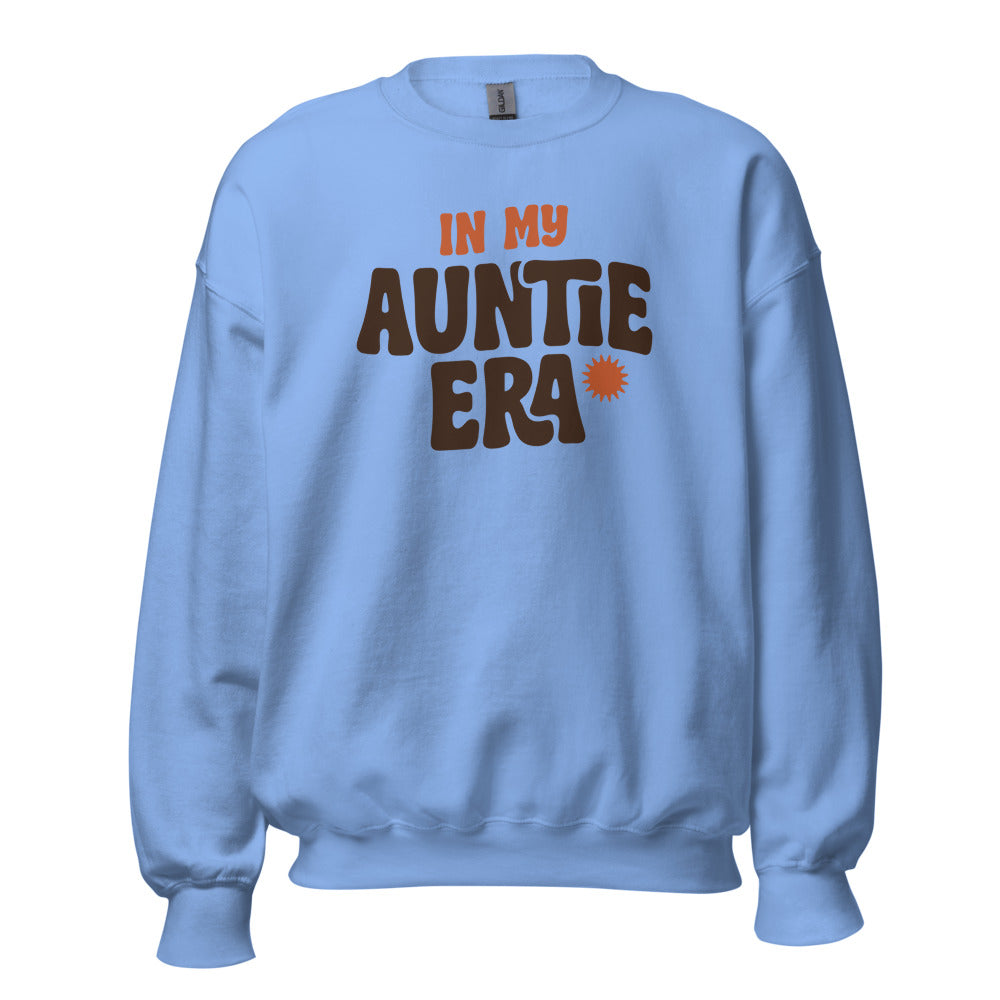 In My Auntie Era retro groovy aunt crewneck sweatshirt — Carolina Blue, front
